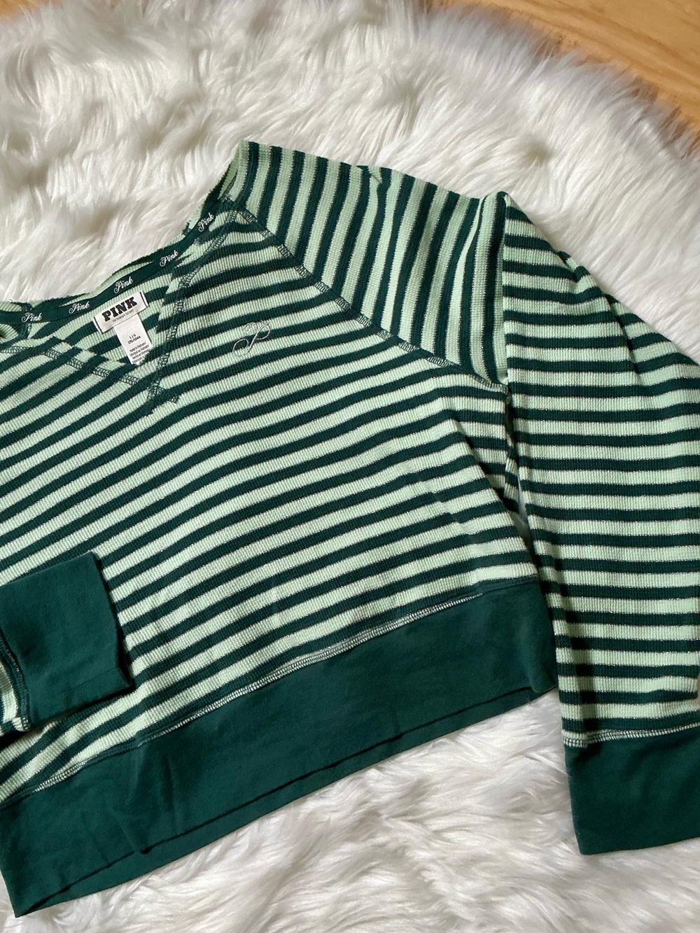 PINK Victorias Secret Thermal Long Sleeve Cropped Striped Green V‑Neck Top